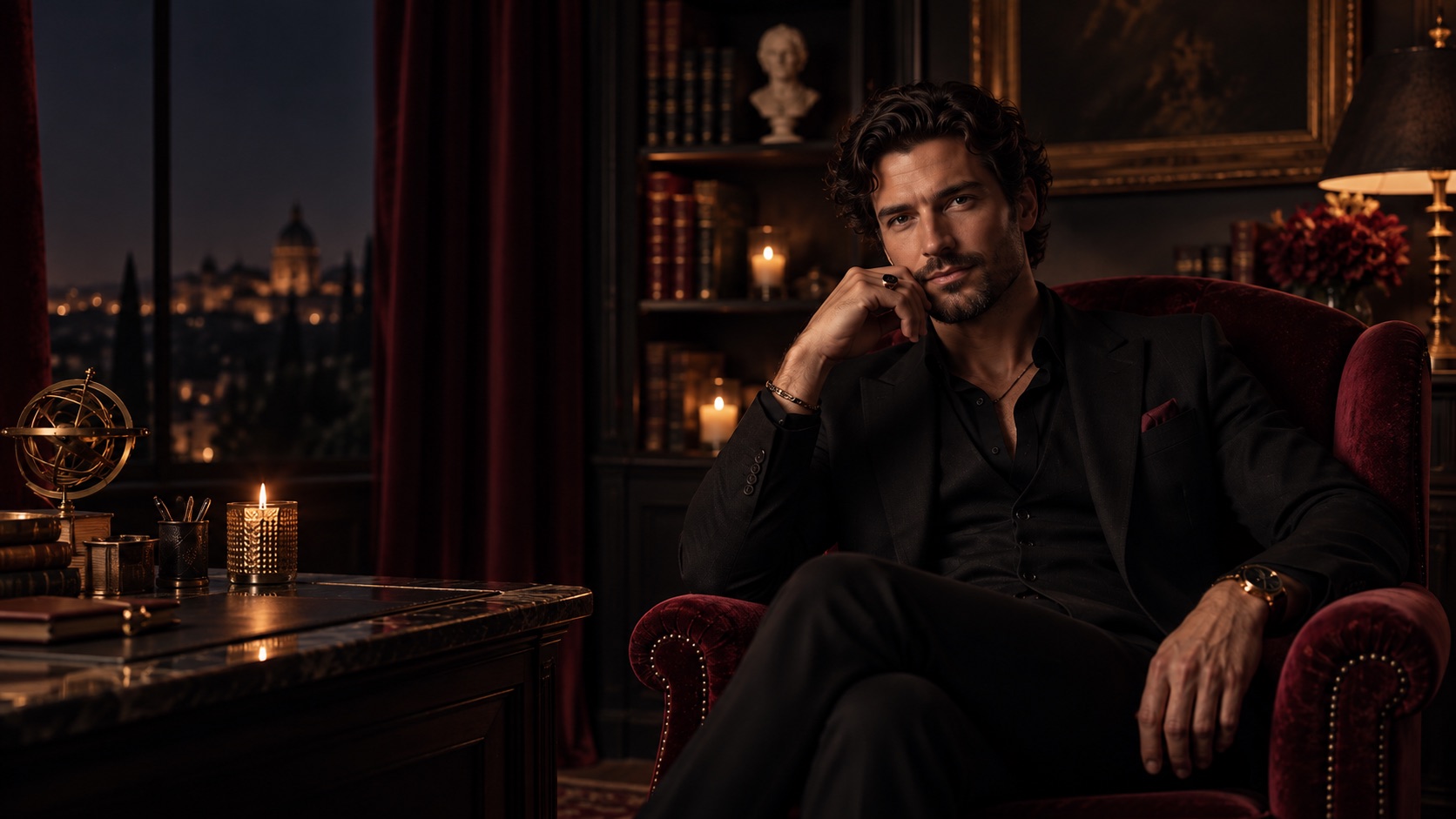 Abel Montclair, clairvoyant and medium, seated in a burgundy velvet armchair in his candlelit study