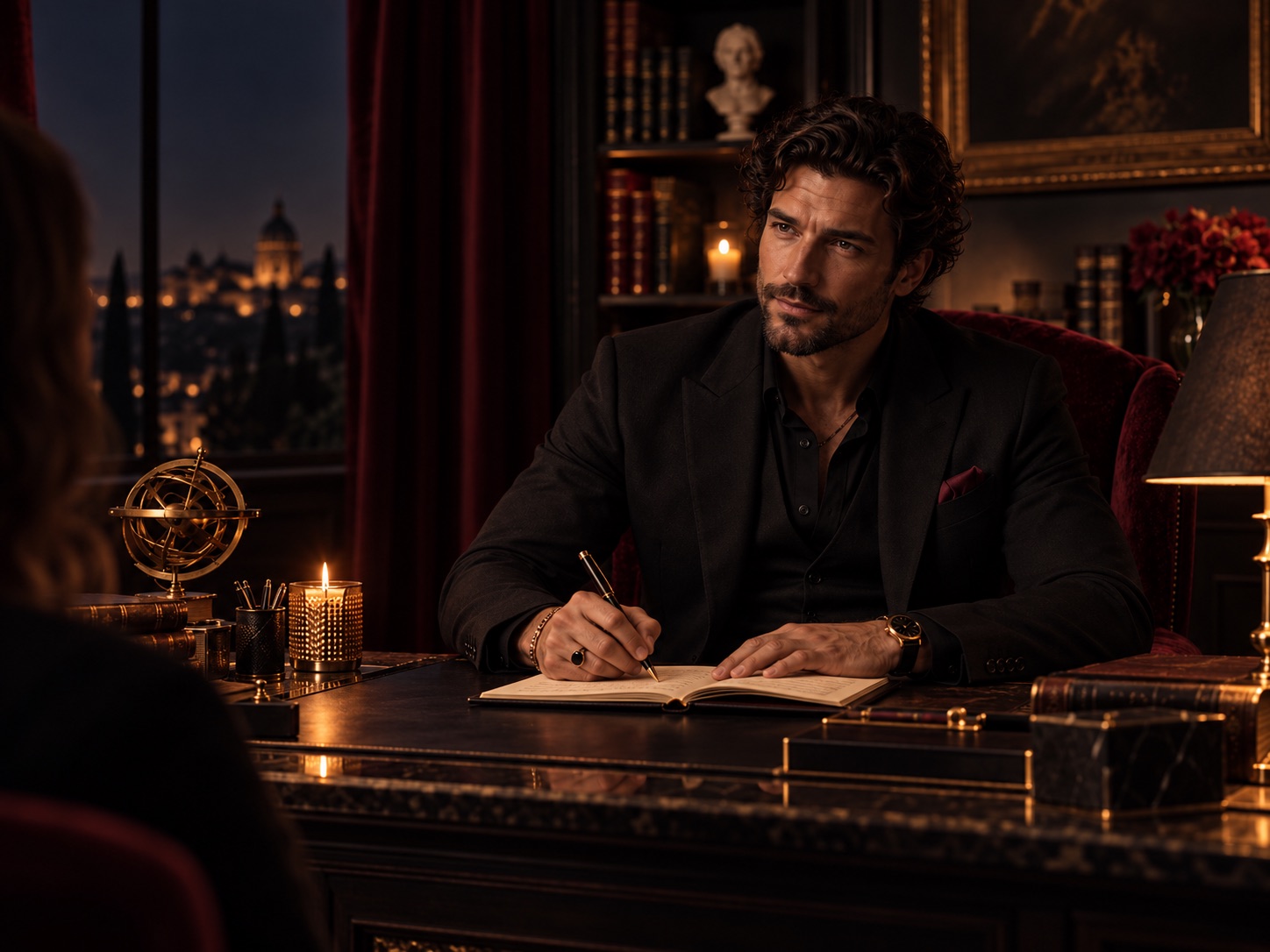 Abel Montclair listening to a client across his desk during a private consultation, writing notes by candlelight in a dark panelled study