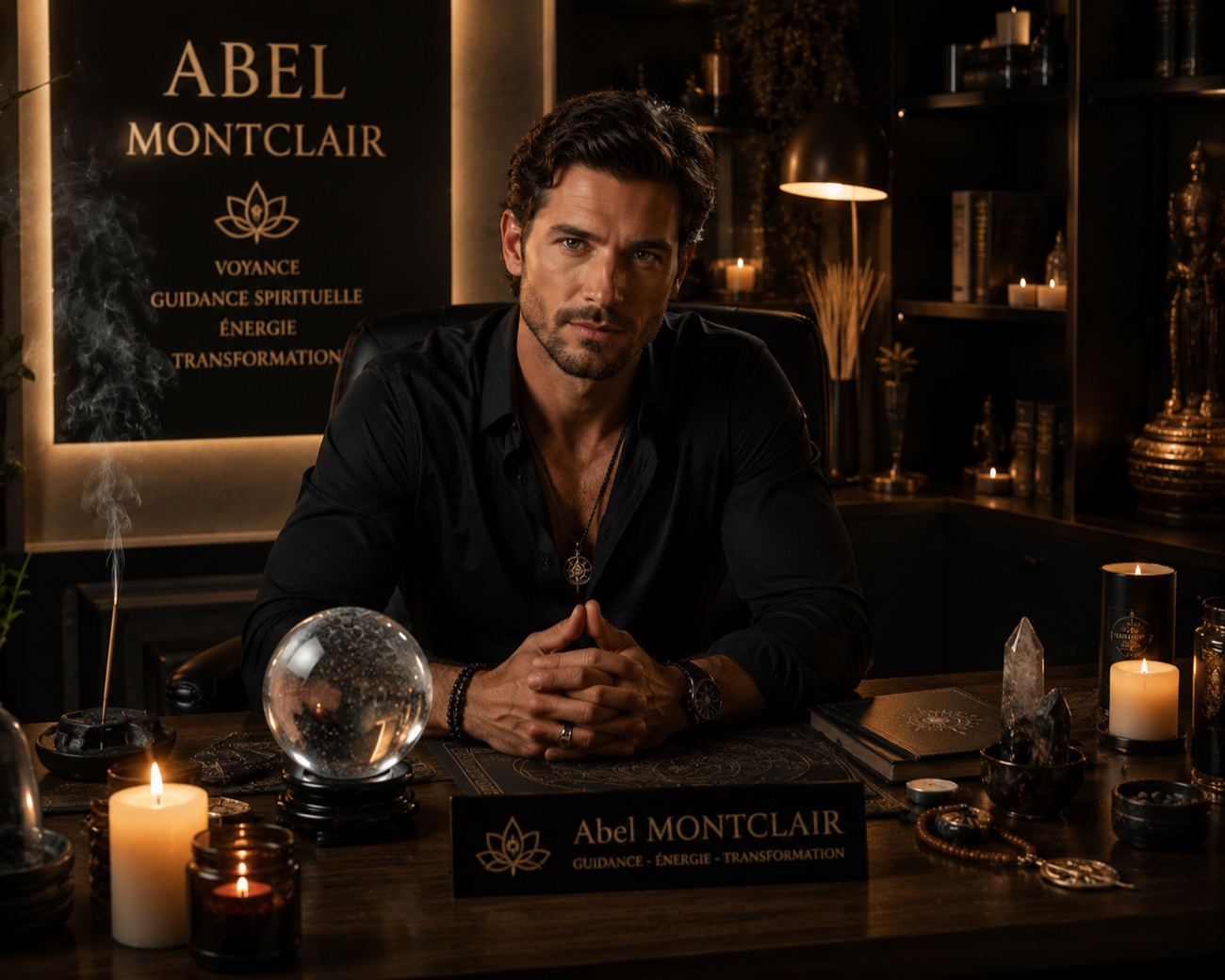 Abel Montclair seated at his consultation desk, surrounded by candles, a crystal ball, incense and crystals, beneath a sign reading Voyance, Guidance spirituelle, Énergie, Transformation
