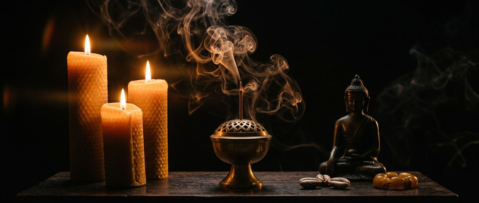 Beeswax candles burning beside a brass incense censer releasing smoke, with a bronze Buddha and cowrie shells