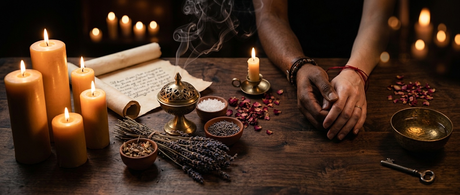A ritual altar lit by candles with a parchment scroll, brass censer, dried lavender and sea salt, beside two hands joined and bound by a red thread