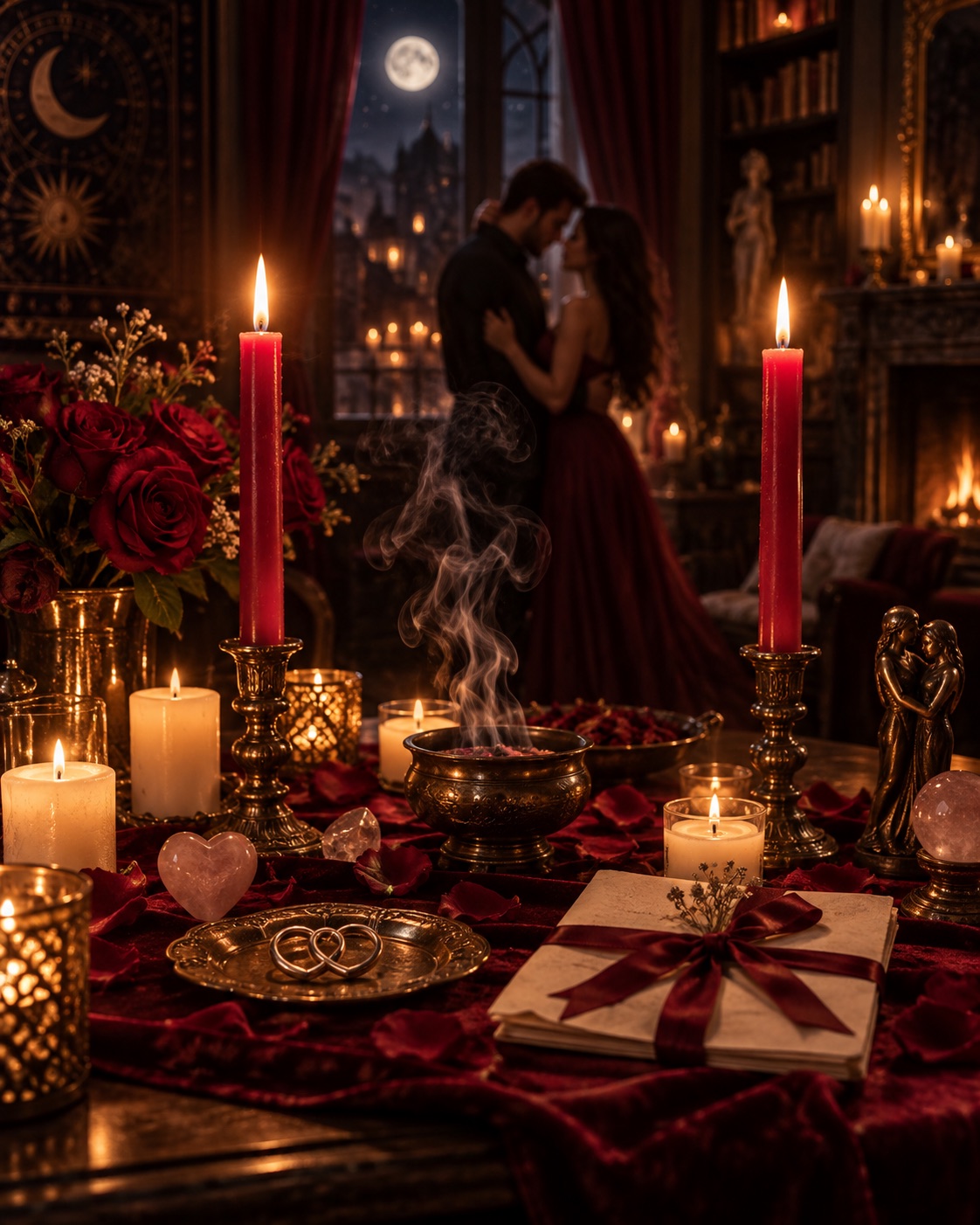 A reconciliation altar dressed in burgundy velvet — red roses, rose petals, two interlinked rings on a brass dish, a rose quartz heart, a censer releasing smoke and a ribboned letter, with a couple embracing by a moonlit window behind
