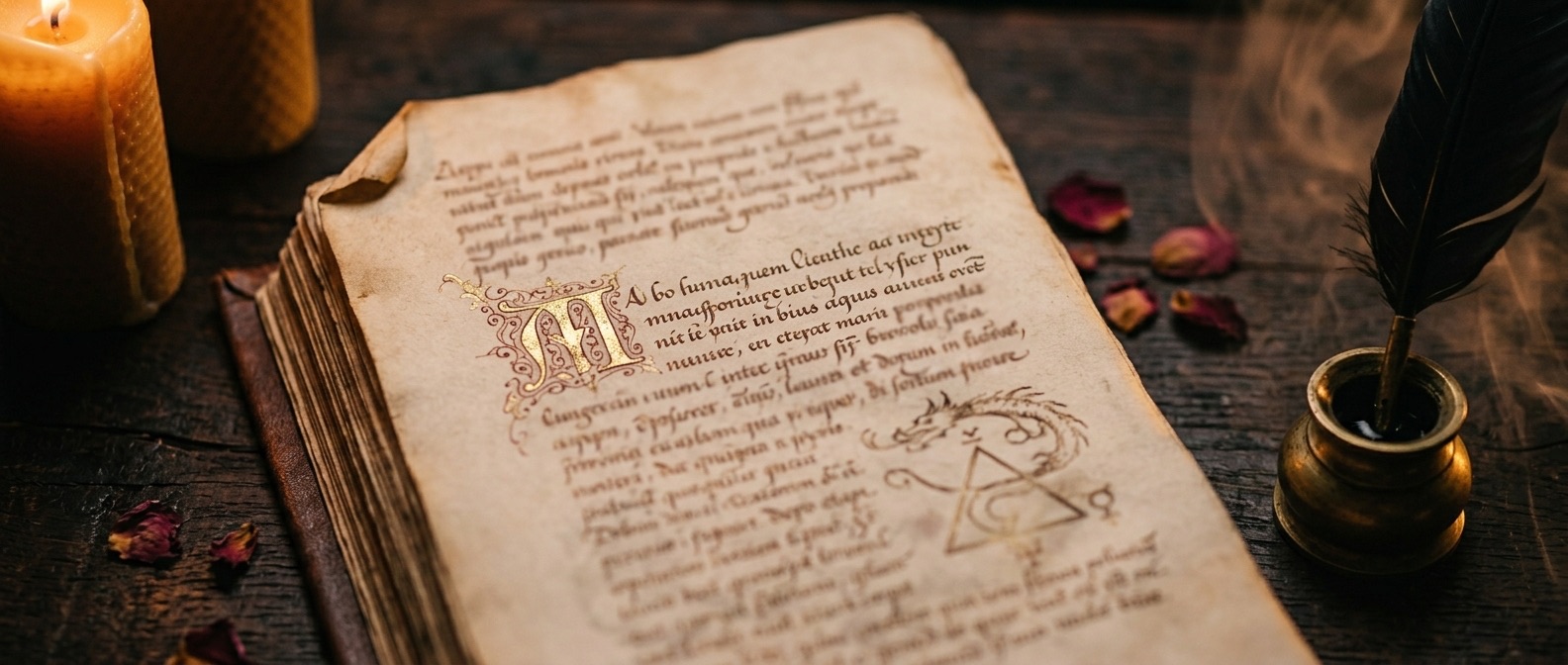 An open handwritten grimoire on aged parchment with a gold illuminated initial, beside beeswax candles, a quill and an inkwell