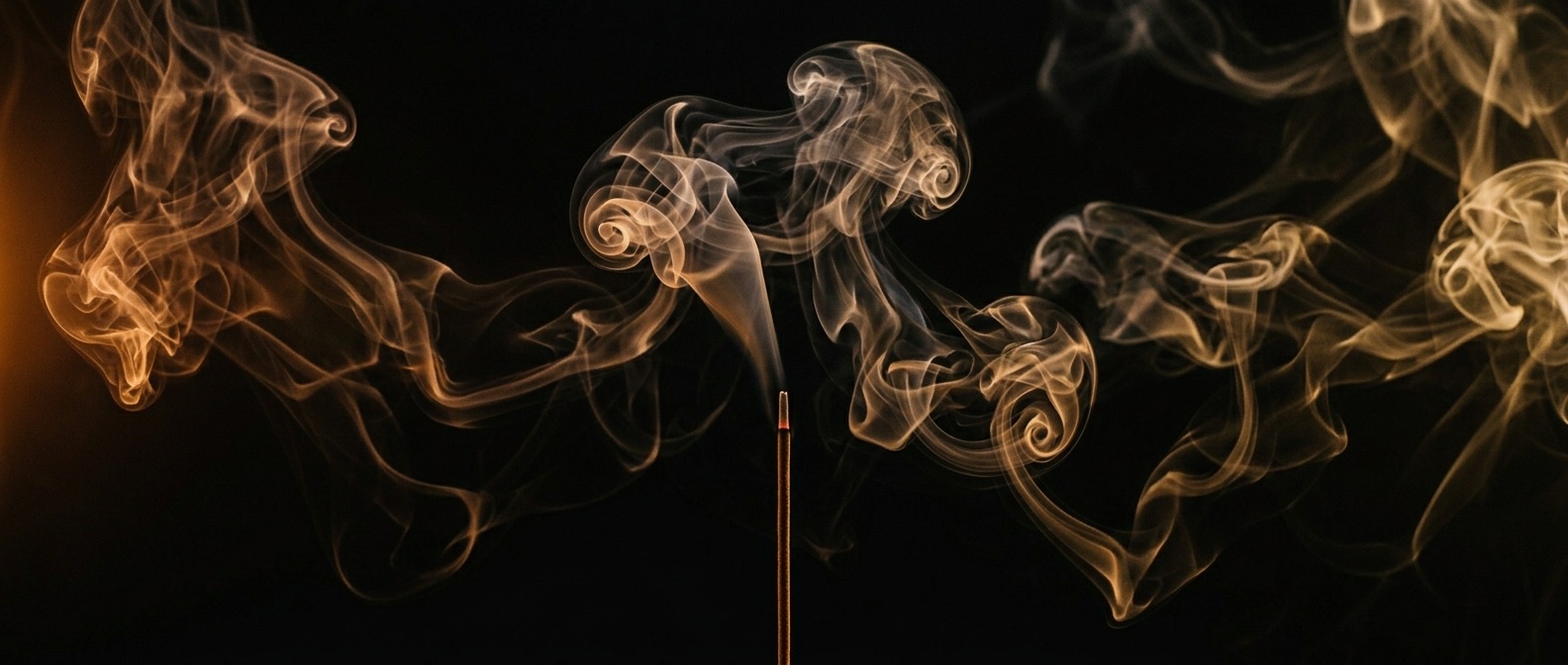 Incense smoke curling and dispersing in warm amber light against a black background