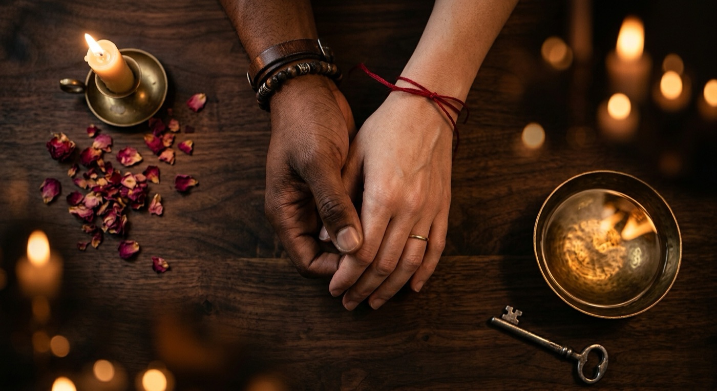 Two hands joined on a candlelit altar, bound by a red thread, surrounded by rose petals and a brass bowl