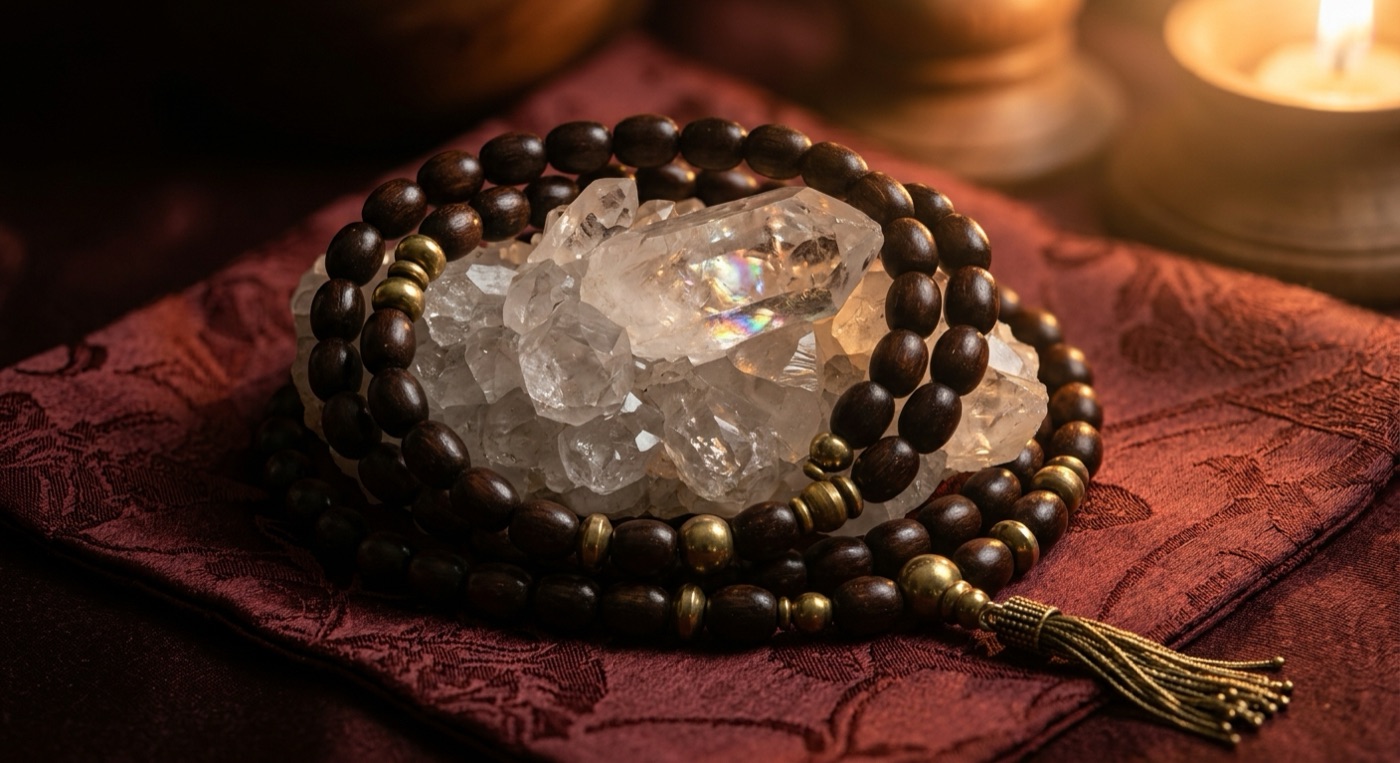 A strand of dark wooden prayer beads with brass spacers coiled around a raw quartz crystal on oxblood damask silk