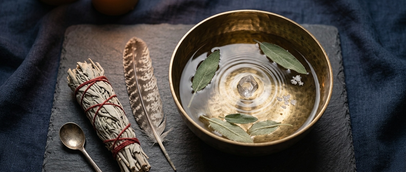A hammered brass bowl of still water holding a quartz crystal and sage leaves, beside a bound sage bundle and a feather on slate