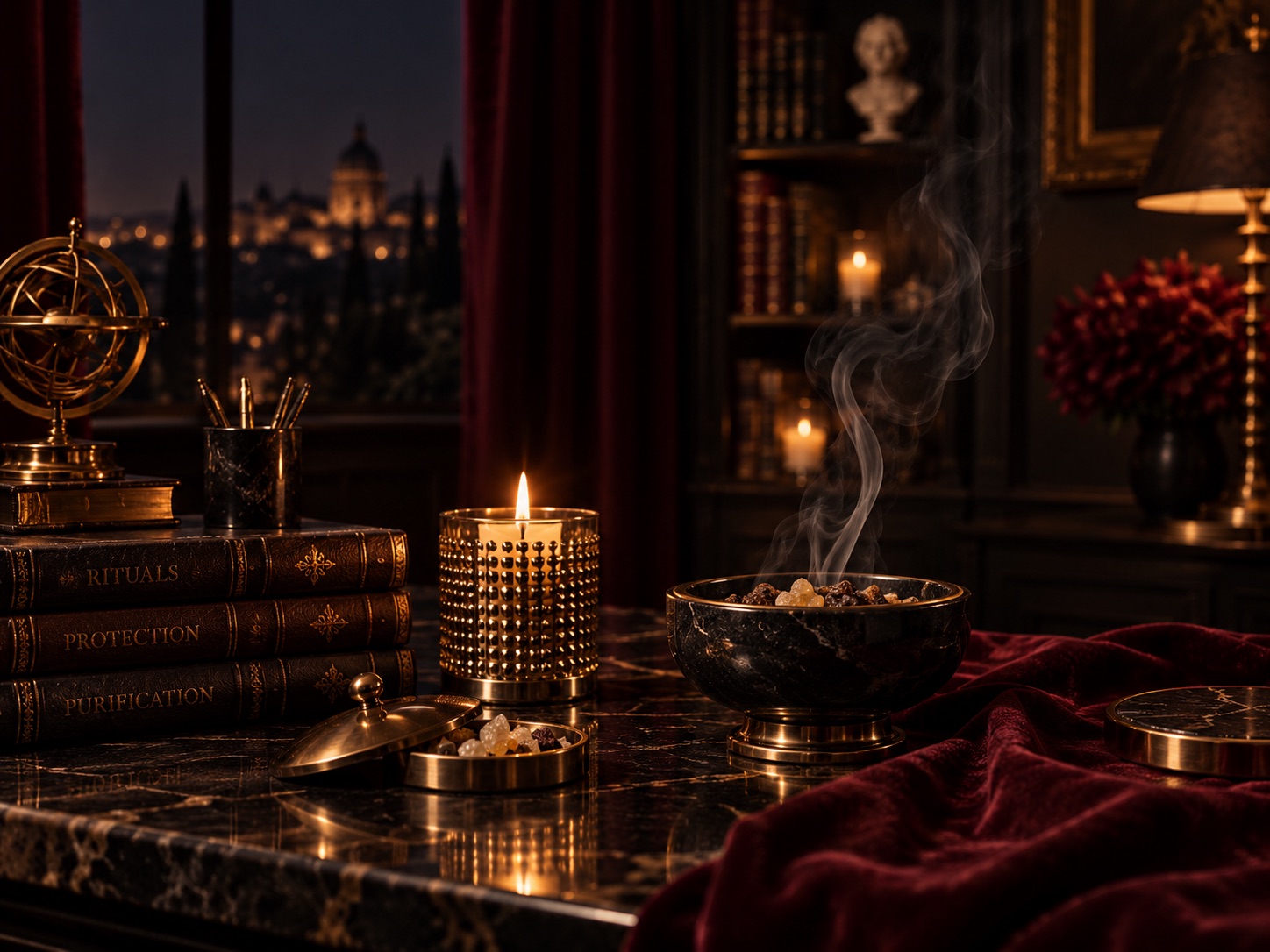 A black marble desk with a brass censer releasing incense smoke, a lit candle, resin grains in a brass dish and leather volumes titled Rituals, Protection and Purification