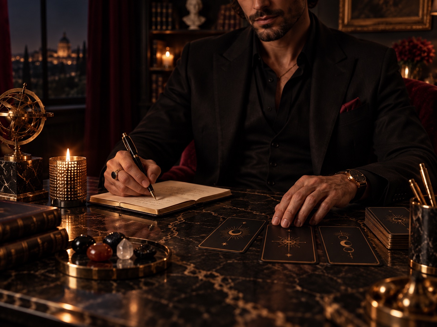 Abel Montclair writing in a leather notebook by candlelight, a spread of gold-marked tarot cards and a tray of tumbled stones on black marble